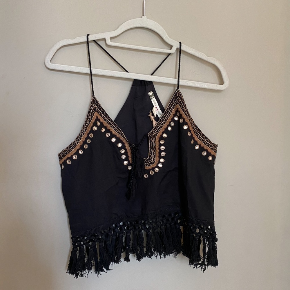 Black Embroidered Crop Tank Top with Tassels